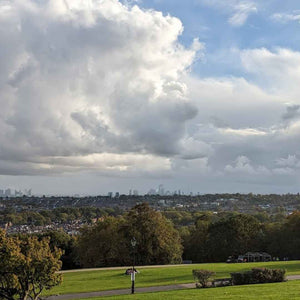 View across London from Alexandria Palace with the city skyline in the distance as seen on  Hidden Tracks Cycling's Palace to Palace bike ride across London.