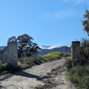 A gateway with a dusty track leading through, framed by mountains in the background, part of a scenic cycling route on Hidden Tracks Cycling's Flamenco Gravel trip