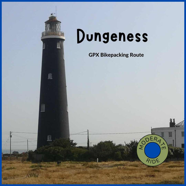Black light house at Dungeness against a blue sky, a promoimage for HIdden Tracks Cycling's bike packing route from London to Dungeness