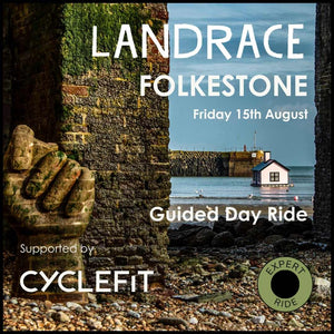 A promo image for Hidden Tracks Cycling Landrace gravel bike ride series from London to the Seaside, feathering Folkestone Harbour