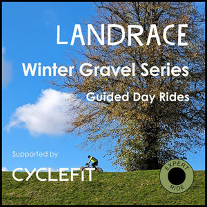 Gravel rider on the top of a hill with an autumnal tree against a clear blue sky