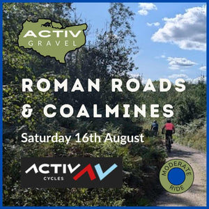 A promo picture for the Activ Gravel series of gravel bike rides around Kent, showing a pair of gravel riders on a rough track