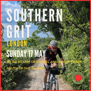 Biker on a trail with promotional text for Hidden Tracks Cycling Southern Grit event