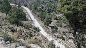 Two gravel riders speeding down a winding dirt road through a hilly landscape with trees on both sides on the Badlands Gravel Training Camp
