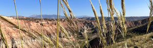 Canyon in the Gorafe Desert, Spain, with a gravel bike in the foreground, highlighting the rugged terrain of a Badlands gravel adventure on Hidden Tracks Cycling's Flamenco Gravel trip in April