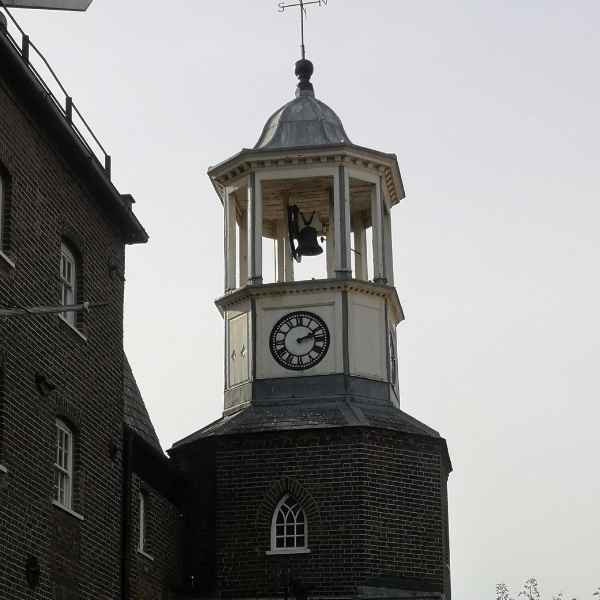 Bell tower of the Mill House at Three Mills Island from Tidal Explorer, a traffic-free  gpx bike route from Hidden Tracks Cycling