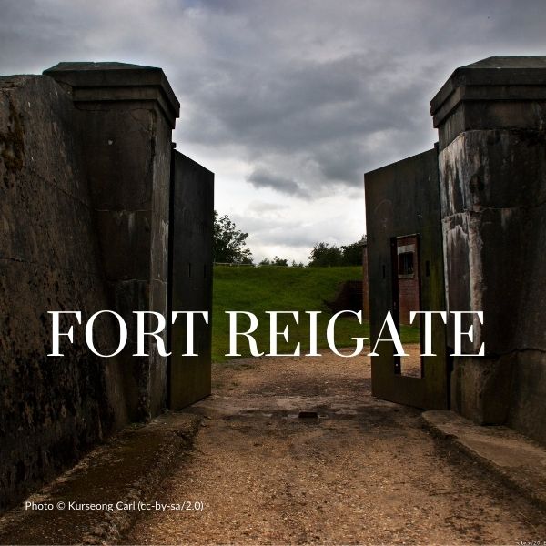 The open gates of Fort Reigate as found on Hidden Tracks Fort Reigate GPX bike route.