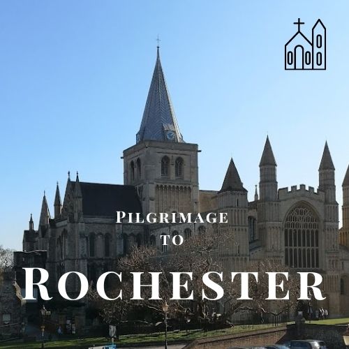 Rochester Cathedal with blue sky as seen on Hidden Tracks Cycling Bike Pilgrimage GPX Route