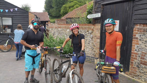 3 cyclists setting off from Brockets Farm on Hidden Tracks Surrey Gravel Explorer 
