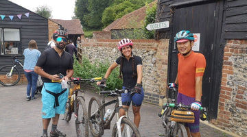 3 cyclists setting off from Brockets Farm on Hidden Tracks Surrey Gravel Explorer 
