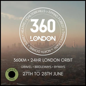 Promotional graphic for the 360 London event, showing a circular route logo over a hazy London skyline, with text stating 360km, 24hr London Orbit, gravel, bridleways and byways, dated 27th to 28th June.