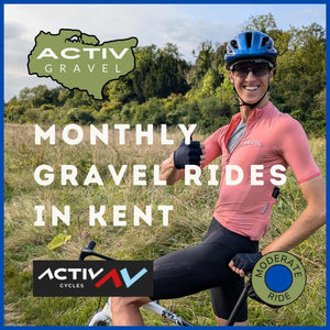 A very happy gravel rider on a promo picture for Hidden Tracks Cycling's Activ Cycles series of Gravel rides around Kent 