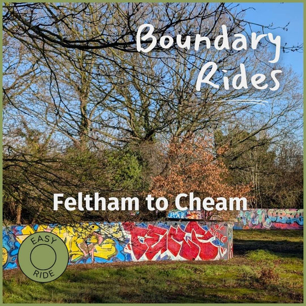 Hidden Tracks Cycling Boundary Rides gravel bike route from Feltham to Cheam, showcasing a scenic London cycling path with colourful graffiti, winter trees and blue sky. Easy leisure ride for gravel bike London riders exploring hidden tracks, urban green spaces and off-road cycle routes in South West London.
