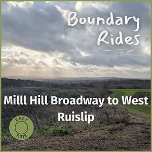 Rural landscape on a London gravel bike route from Mill Hill Broadway to West Ruislip, showing open fields, hedgerows, and big skies.”