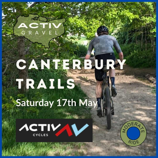 A promo picture for the Activ Gravel series of gravel bike rides around Kent, showing a mountain biker riding along a trail. 