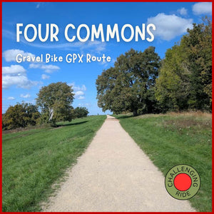 Gravel bike GPX route with trees and blue sky, at Riddlesdown featuring 'Four Commons' text.