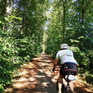 Gravel rider cycling through a wood in Kent under the dappled sunlight 