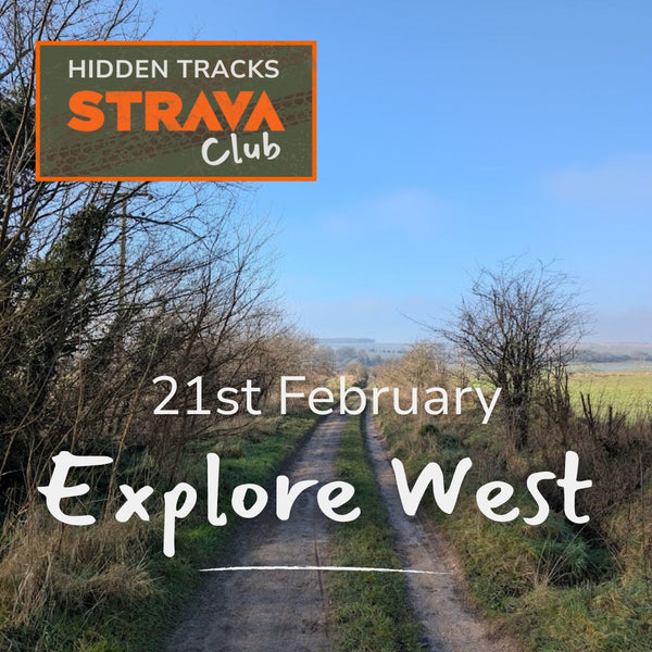 Gravel Track along the ridgeway leading into the distance with 'Hidden Tracks Strava Club' logo and detail about a gravel ride west of London 