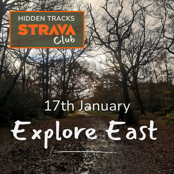 Strava Hidden Tracks Club gravel ride announcement showing a cyclist riding along a muddy forest path and trees.