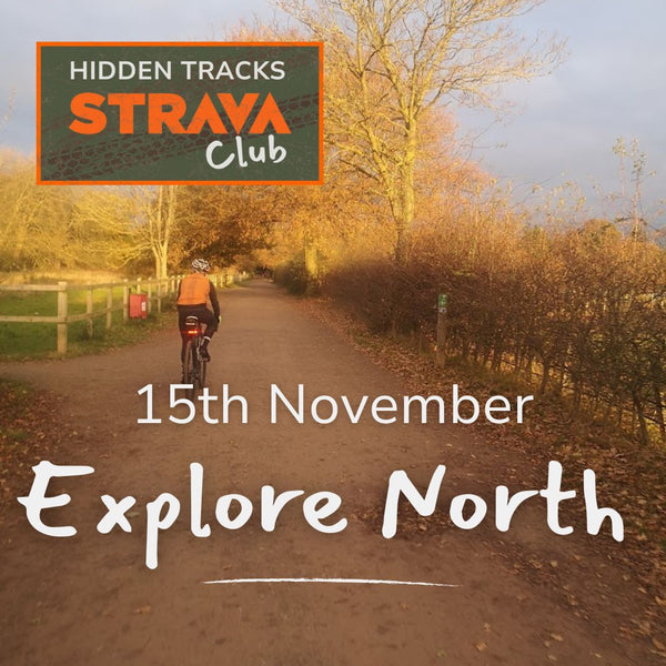Person cycling on a path with 'Hidden Tracks Strava Club' branding and text about a gravel bike ride on 15th November.