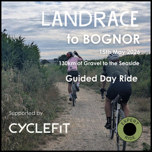 Promotional picture for a gravel bike ride from London to Bognor featuring Two gravel cyclists on a gravel path in late afternoon. 