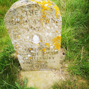 Milestone on the North Downs Way showing the distance to from Farnham to Canterbury 