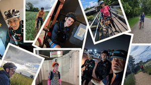 Collage of cyclists riding, resting and navigating across different landscapes during the 360 Gravel event.