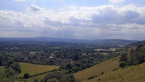 View from the top of the Ridgeway across a green valley 