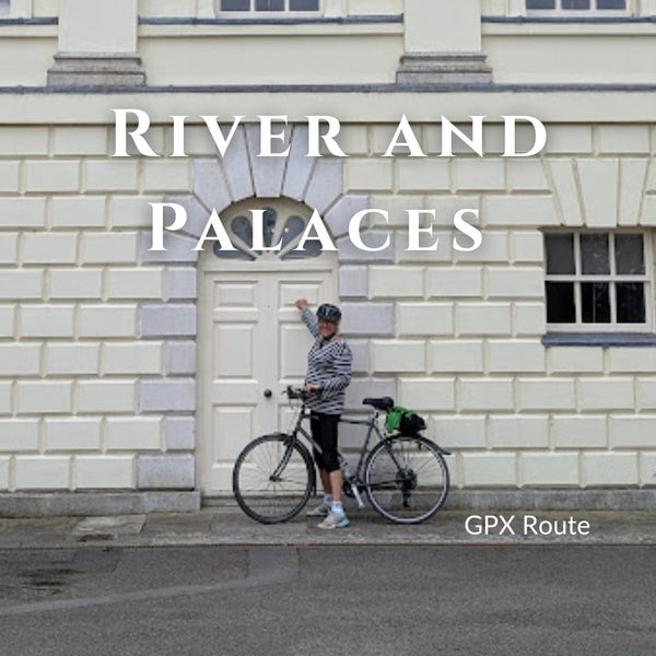 Cyclist with touring bike outside Marble Hill House on the River and Palaces GPX route in Twickenham, West London