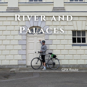 Cyclist with touring bike outside Marble Hill House on the River and Palaces GPX route in Twickenham, West London
