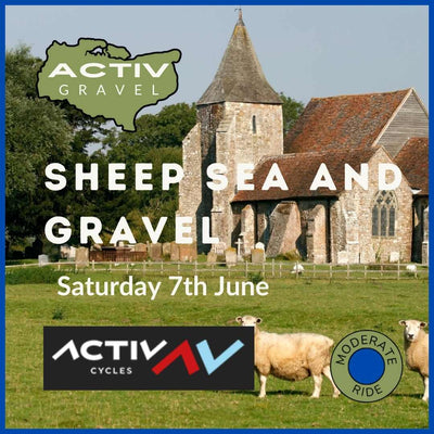 A promo image for Hidden Tracks Cycling's Activ Gravel Ride, a series of Gravel rides around Kent, showing a typical Church on the Romney Marsh in Kent .