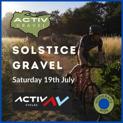 A promo picture for the Activ Gravel series of gravel bike rides around Kent, showing a gravel rider on a trail in the setting sun.