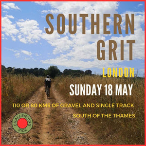 Promo picture for Hidden Tracks Cycling's epic Southern Grit, a Gravel ride South of the Thames featuring a rider cycling along a dusty track 