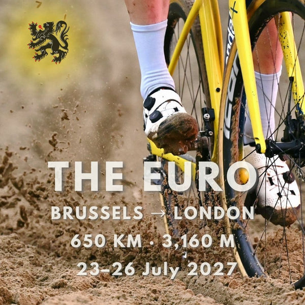 Muddy cyclocross shoe and yellow gravel bike pushing through deep sand, product image for THE EURO's Brussels to London gravel ultra, 23–26 July 2027.