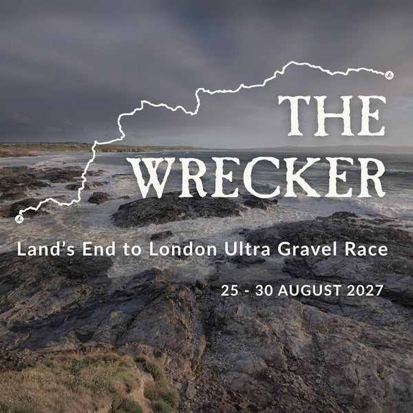 Promotional graphic for The Wrecker 2027, a Land's End to London ultra gravel race, showing a rugged Cornish coastline at dusk with the race route traced across the image and text reading 25th to 30th August 2027.