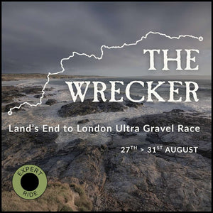 Promotional graphic for 'The Wrecker' ultra gravel race from Lands End to London with a coastal landscape.