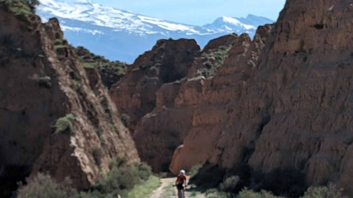 Gravel cyclist riding up the a canyon with mountains in the background