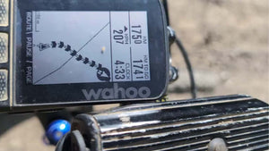 A close-up of a Wahoo bike computer showing the route line, distance remaining, and speed during the 360 Gravel event.