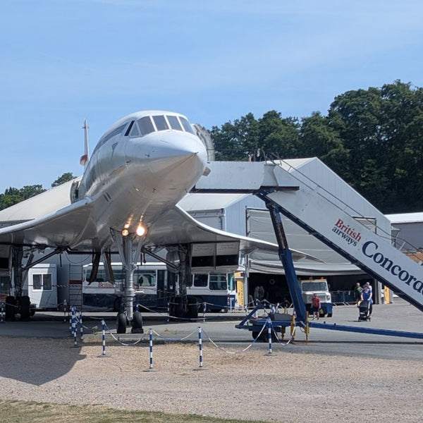 Concorde on display at Brooklands Museum, Weybridge, a stop on the Brooklands GPX gravel bike route from London.
