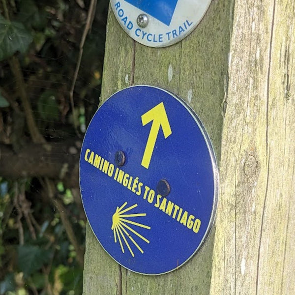 Blue Camino Inglés to Santiago waymark with yellow arrow and scallop shell, seen alongside a cycle trail sign on the Drover's Road to Winchester route.