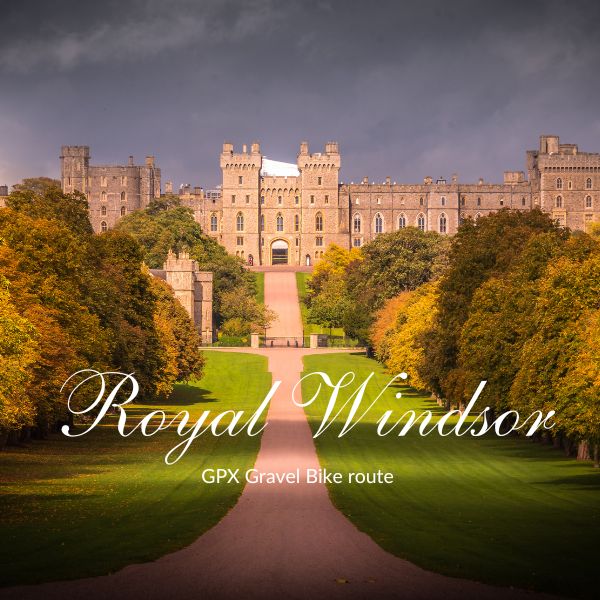 Royal Windsor GPX gravel bike route title card, with Windsor Castle framed by an autumn tree-lined avenue.