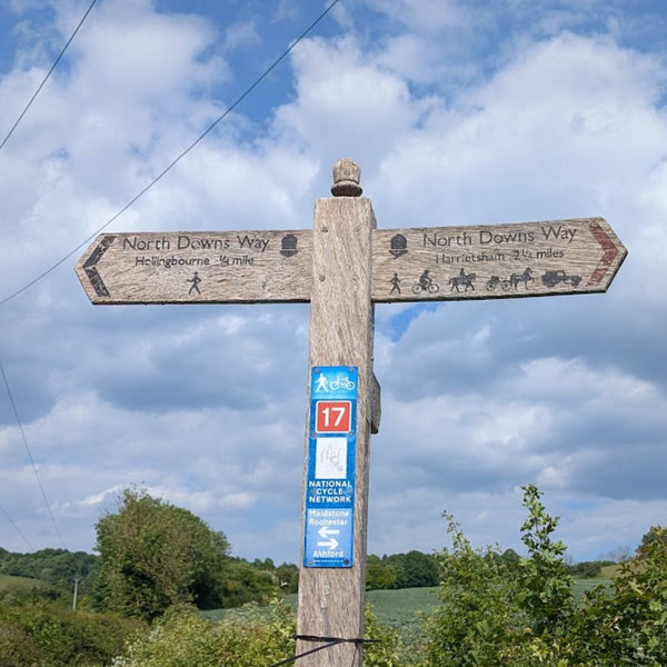 North Downs Way signpost near Hollingbourne, pointing to Harrietsham, with a National Cycle Route 17 marker, on The Runaway King gravel route.
