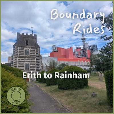 St Clement's Church West Thurrock, a Norman flint tower with a factory looming behind it — a highlight of Boundary Ride 10, Erith to Rainham gravel ride
