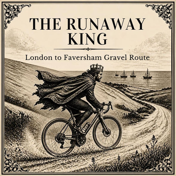 The Runaway King gravel GPX route title card, London to Faversham: an engraving-style illustration of a crowned king in a flowing cloak riding a gravel bike along a chalk track on the North Downs.