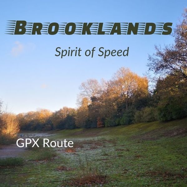 Cyclist on the gravel Brooklands GPX route crossing the old Brooklands Motor Circuit near Weybridge, Surrey