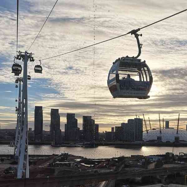 The Thames cable car at sunset near the Royal Docks